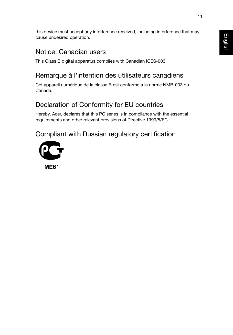 Notice: canadian users, Remarque à l'intention des utilisateurs canadiens, Declaration of conformity for eu countries | Compliant with russian regulatory certification | Acer RL70 User Manual | Page 21 / 28