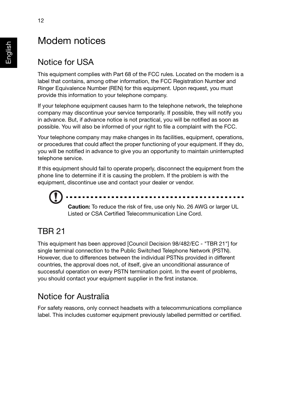 Modem notices, Notice for usa, Tbr 21 | Notice for australia | Acer RL70 User Manual | Page 22 / 28