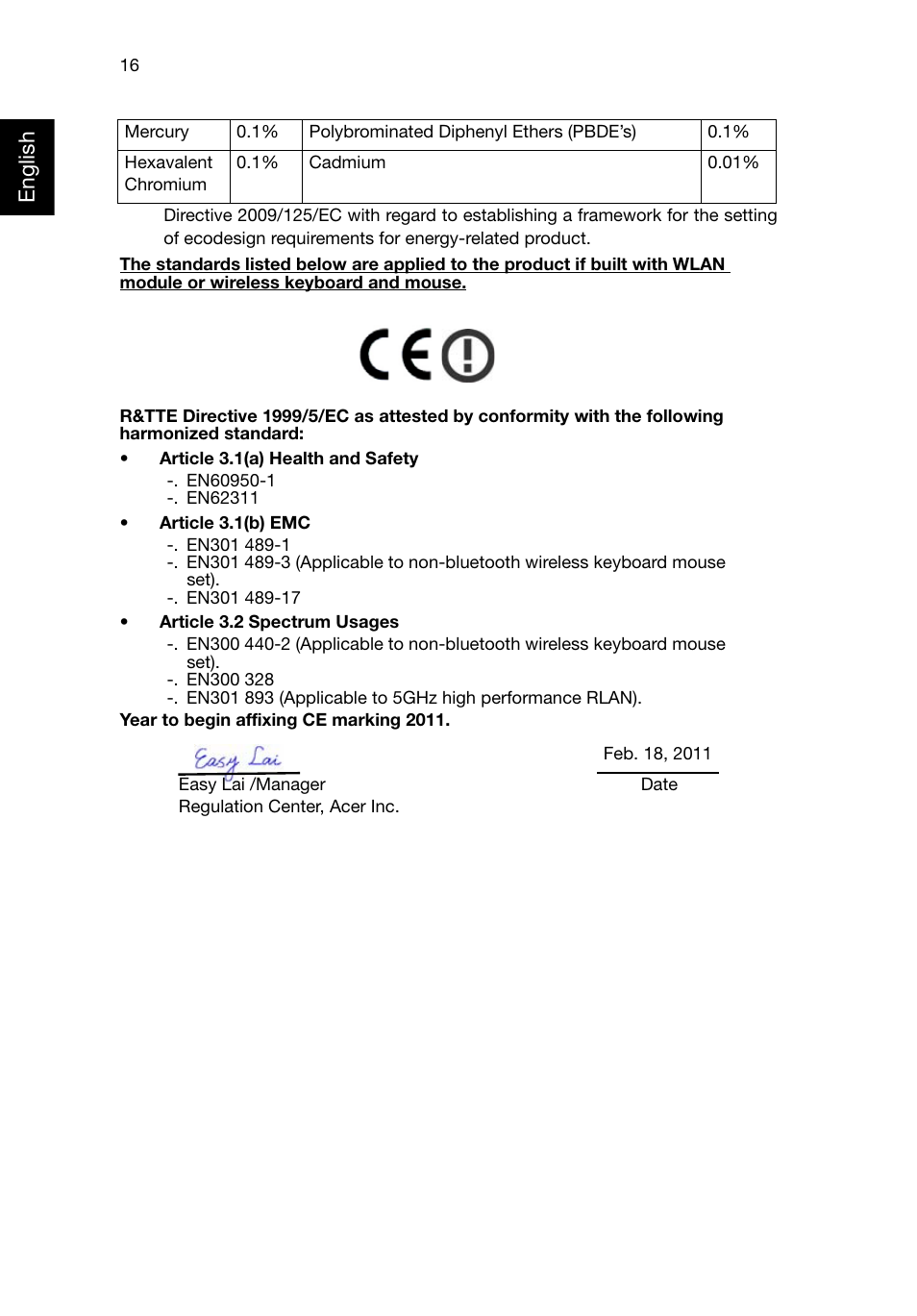 English | Acer RL70 User Manual | Page 26 / 28