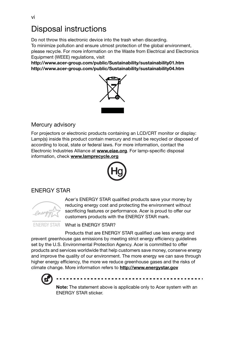 Disposal instructions | Acer RL70 User Manual | Page 6 / 28