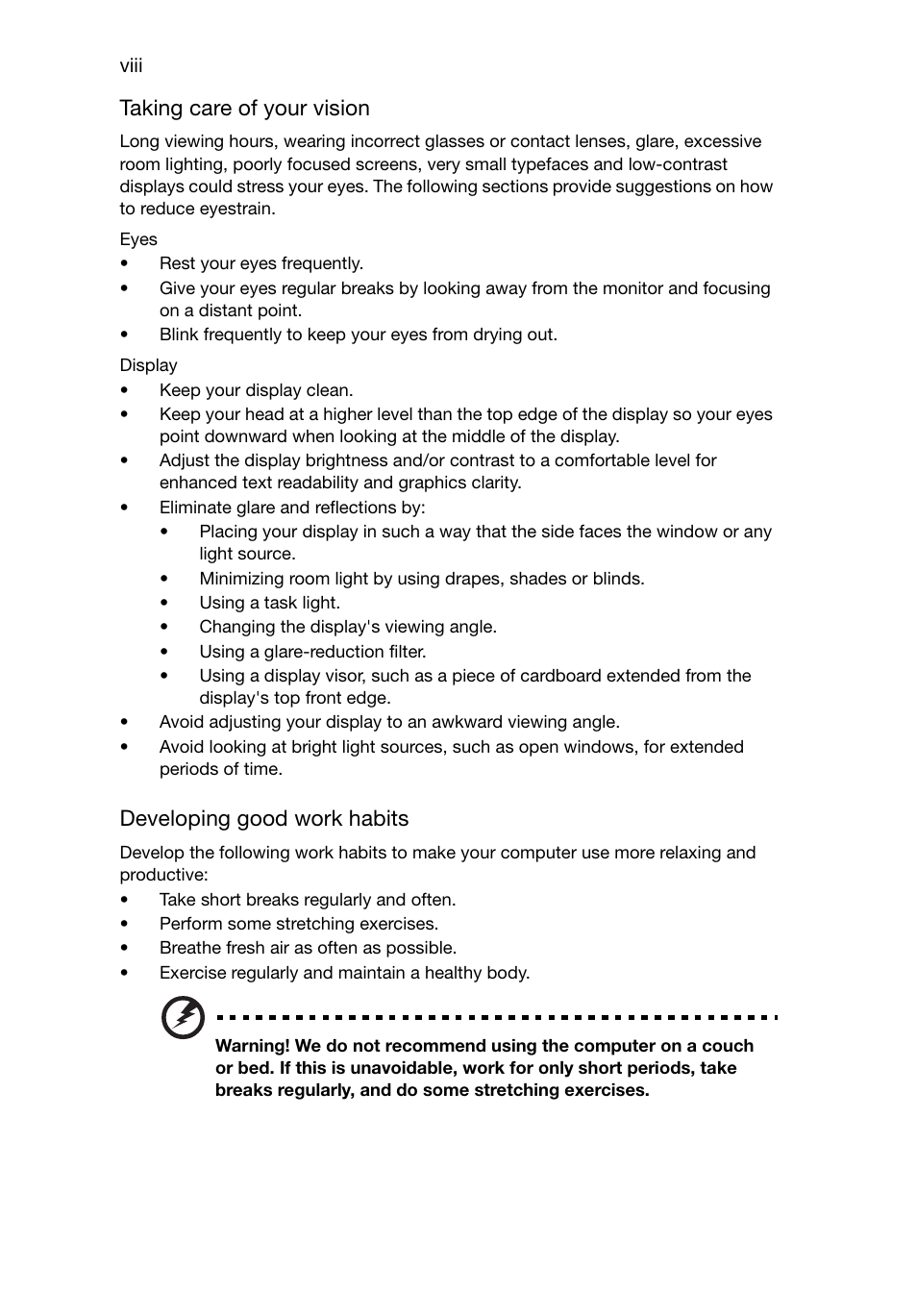 Taking care of your vision, Developing good work habits | Acer RL70 User Manual | Page 8 / 28