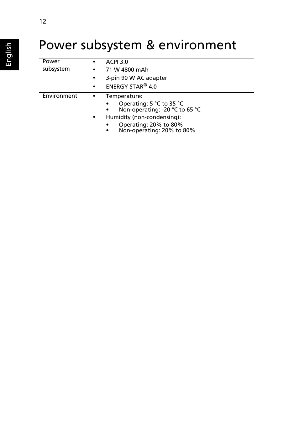 Power subsystem & environment | Acer Aspire 8930G User Manual | Page 12 / 13