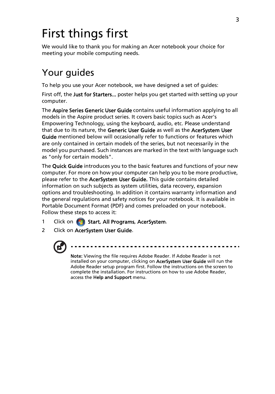 First things first, Your guides | Acer Aspire 8930G User Manual | Page 3 / 13