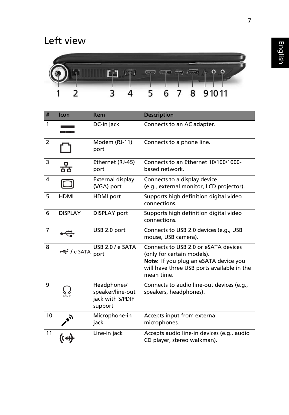 Left view, Eng lis h | Acer Aspire 8930G User Manual | Page 7 / 13