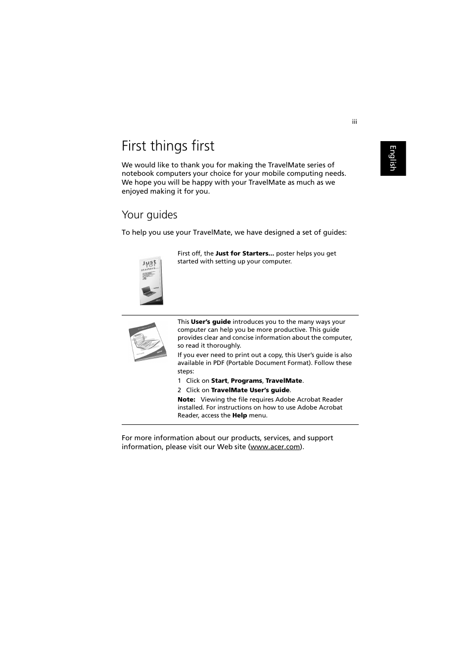 First things first, Your guides | Acer TravelMate 660 User Manual | Page 3 / 89