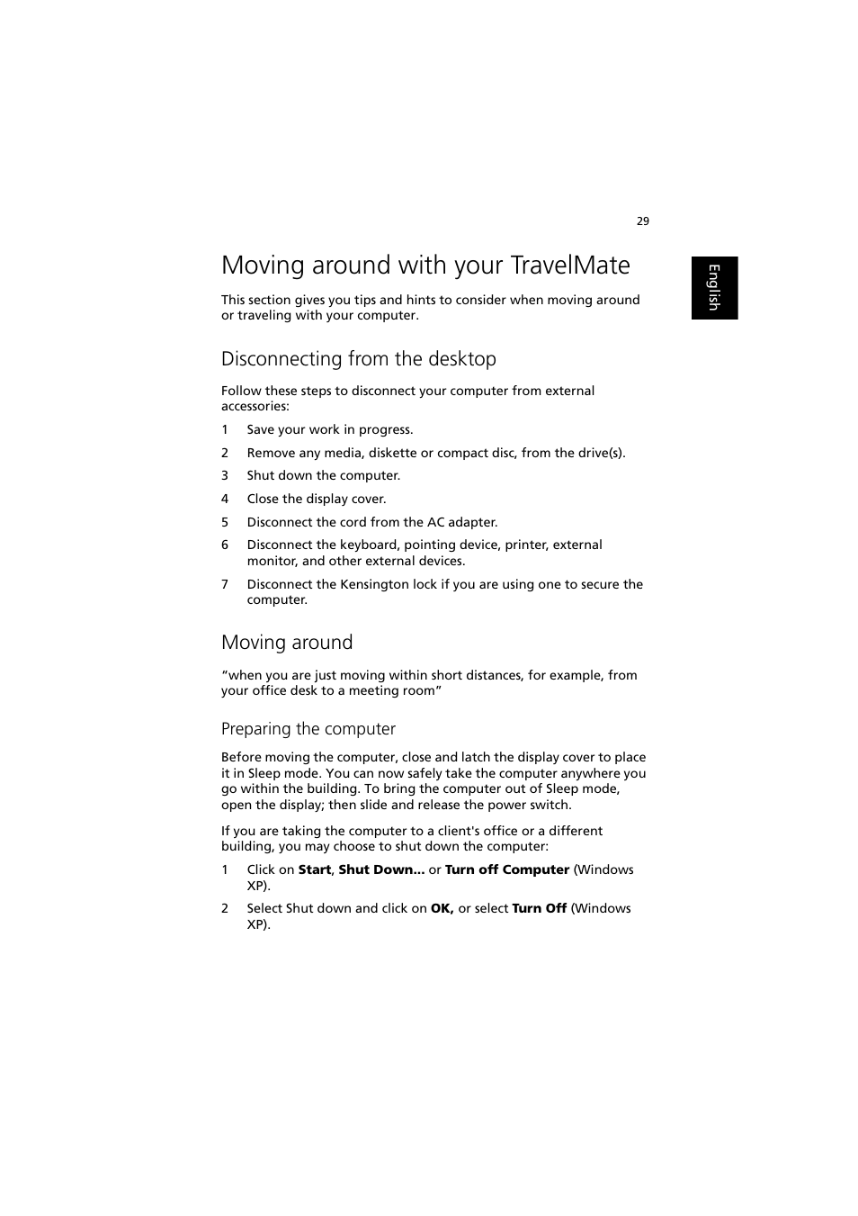 Moving around with your travelmate, Disconnecting from the desktop, Moving around | Preparing the computer | Acer TravelMate 660 User Manual | Page 37 / 89