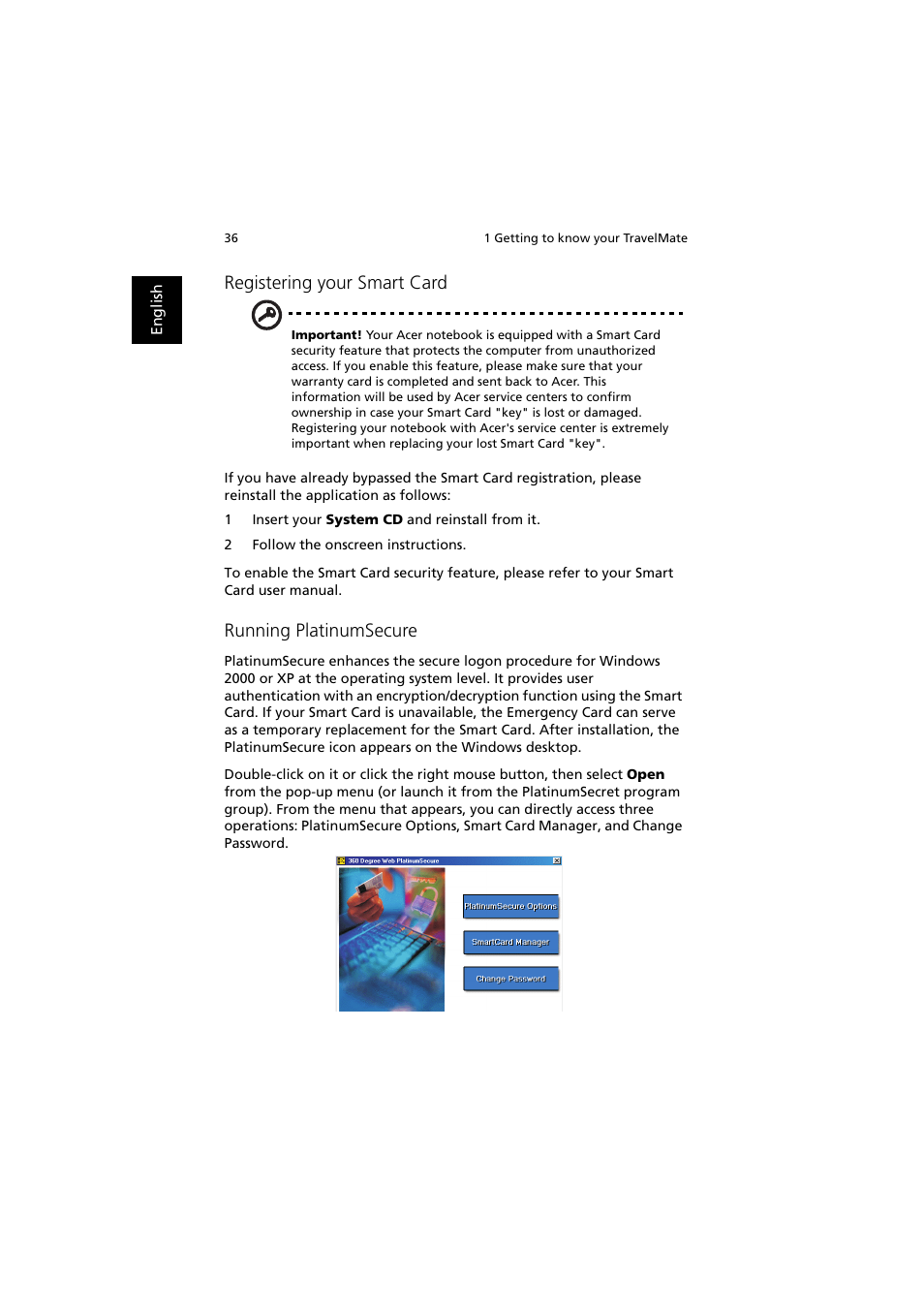 Registering your smart card, Running platinumsecure | Acer TravelMate 660 User Manual | Page 44 / 89