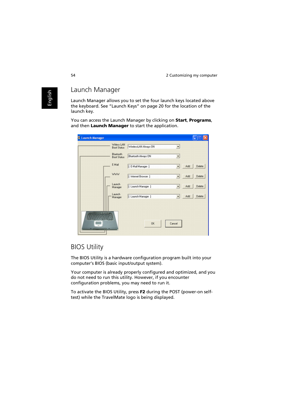 Launch manager, Bios utility | Acer TravelMate 660 User Manual | Page 62 / 89