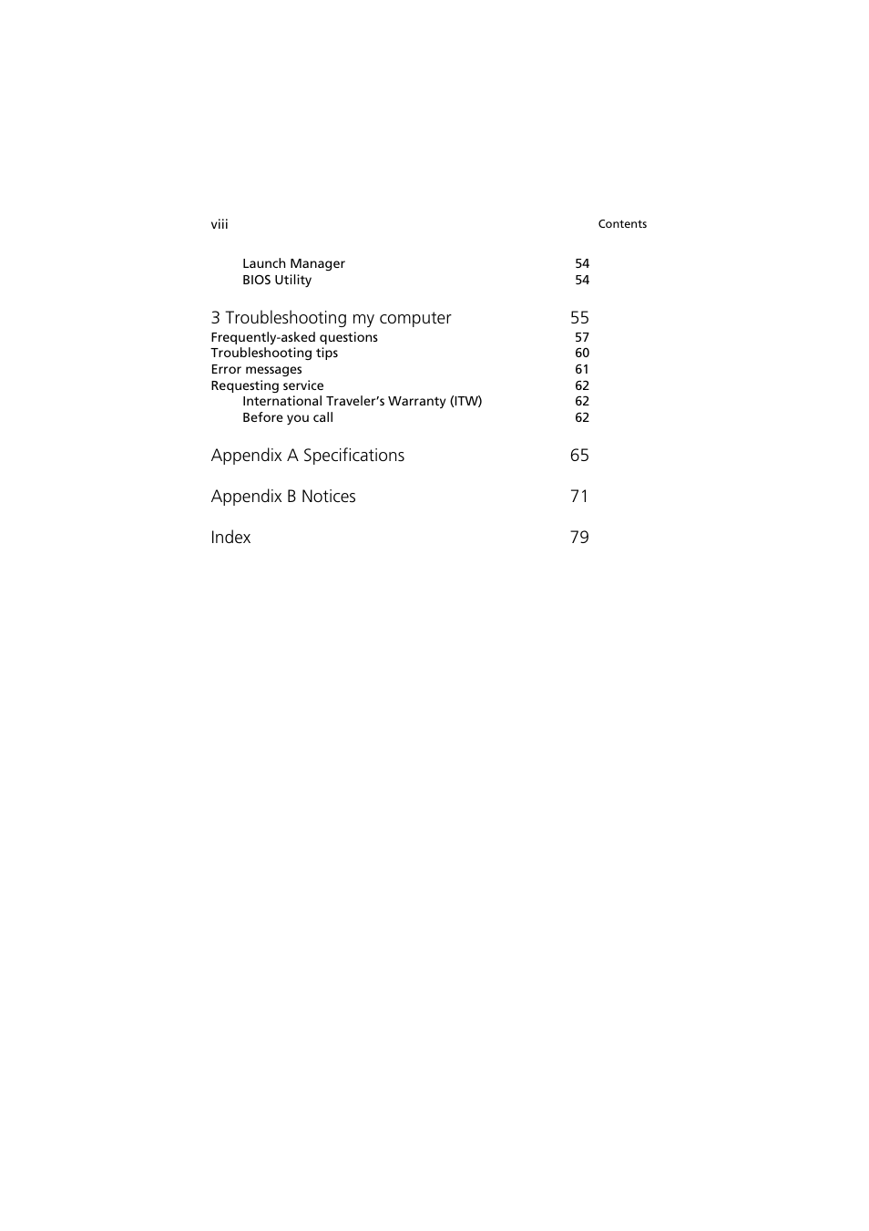 3 troubleshooting my computer 55 | Acer TravelMate 660 User Manual | Page 8 / 89
