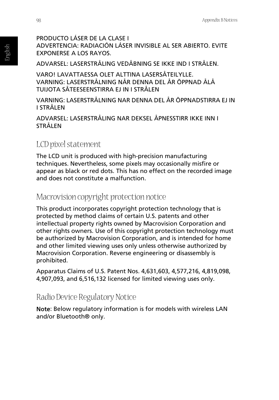 Lcd pixel statement, Macrovision copyright protection notice, Radio device regulatory notice | Acer Aspire 1800 User Manual | Page 108 / 114