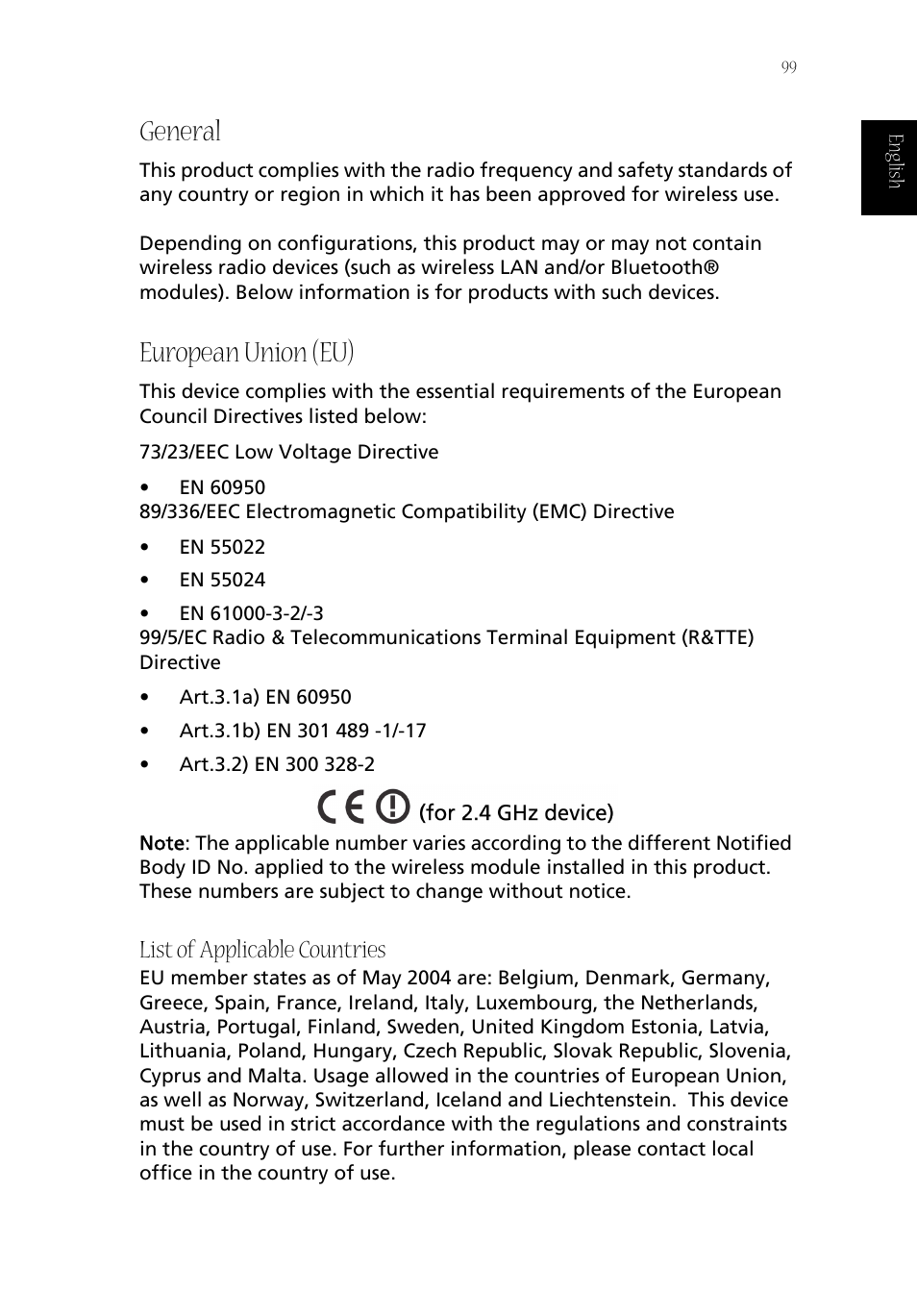 General, European union (eu), List of applicable countries | Acer Aspire 1800 User Manual | Page 109 / 114