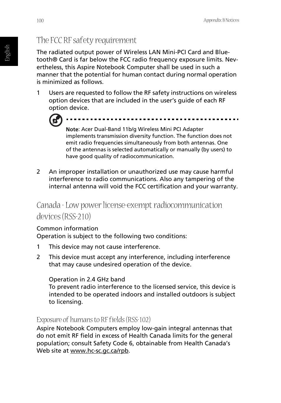 The fcc rf safety requirement, Exposure of humans to rf fields (rss-102) | Acer Aspire 1800 User Manual | Page 110 / 114