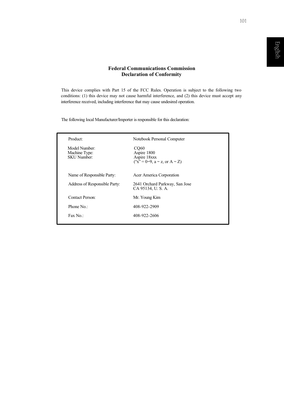 Eng lish english | Acer Aspire 1800 User Manual | Page 111 / 114