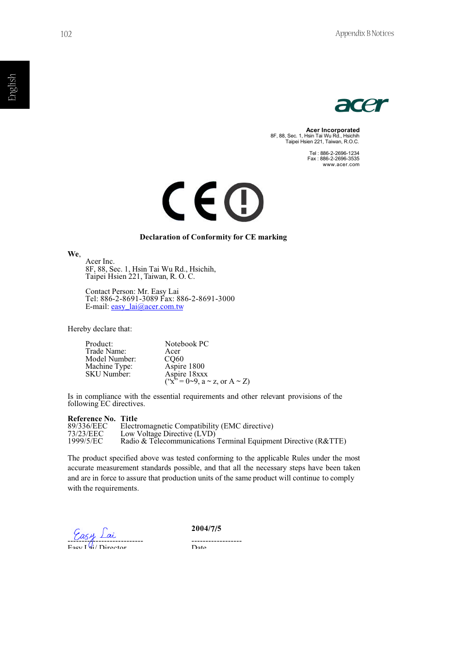 Englis h | Acer Aspire 1800 User Manual | Page 112 / 114