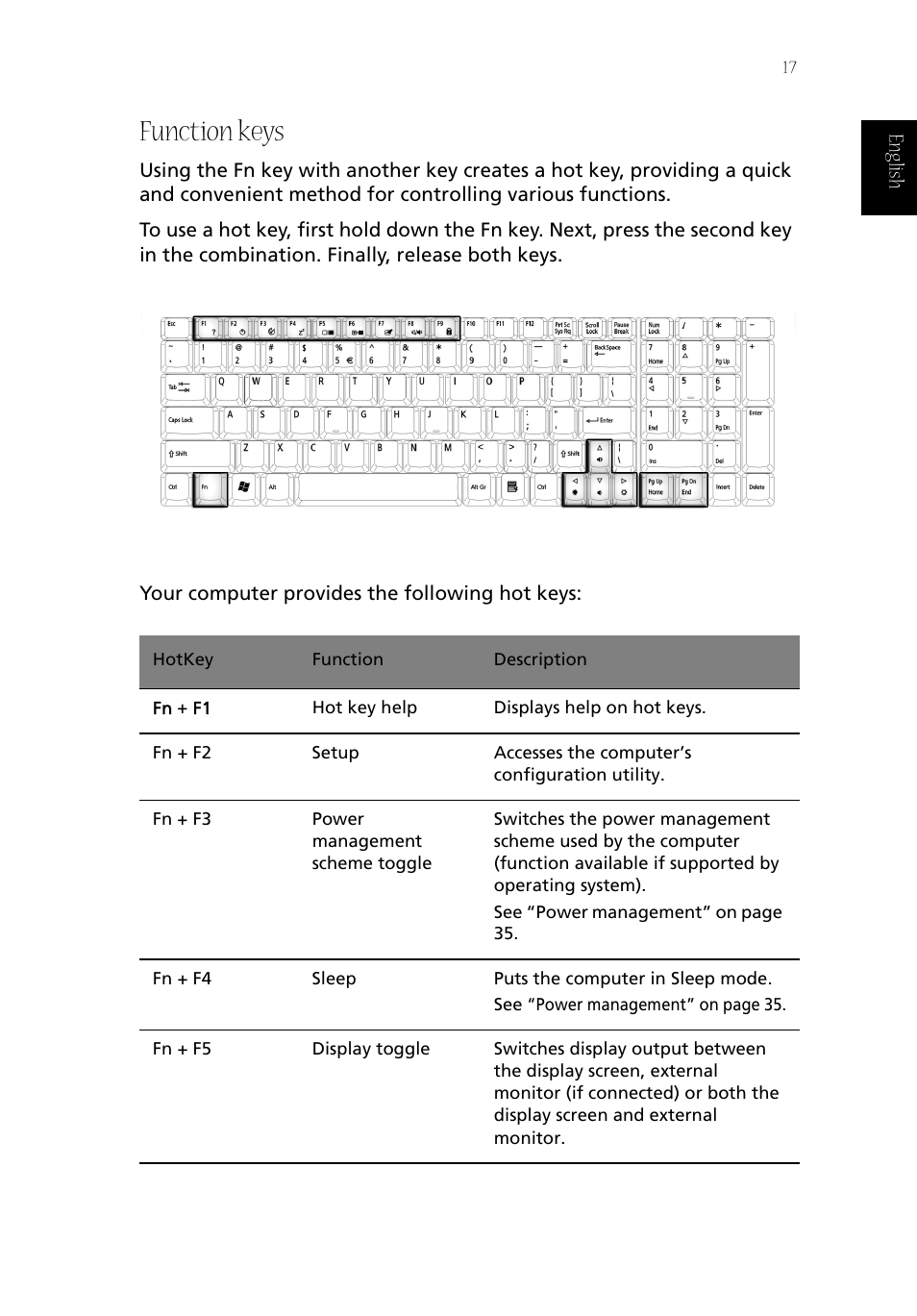 Function keys | Acer Aspire 1800 User Manual | Page 27 / 114