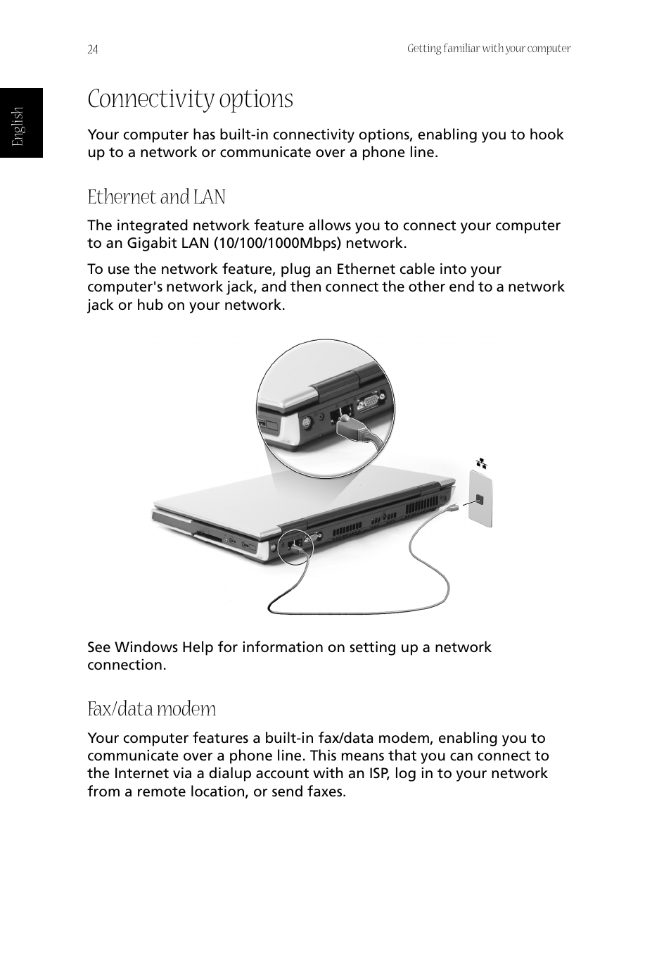 Connectivity options, Ethernet and lan, Fax/data modem | Acer Aspire 1800 User Manual | Page 34 / 114