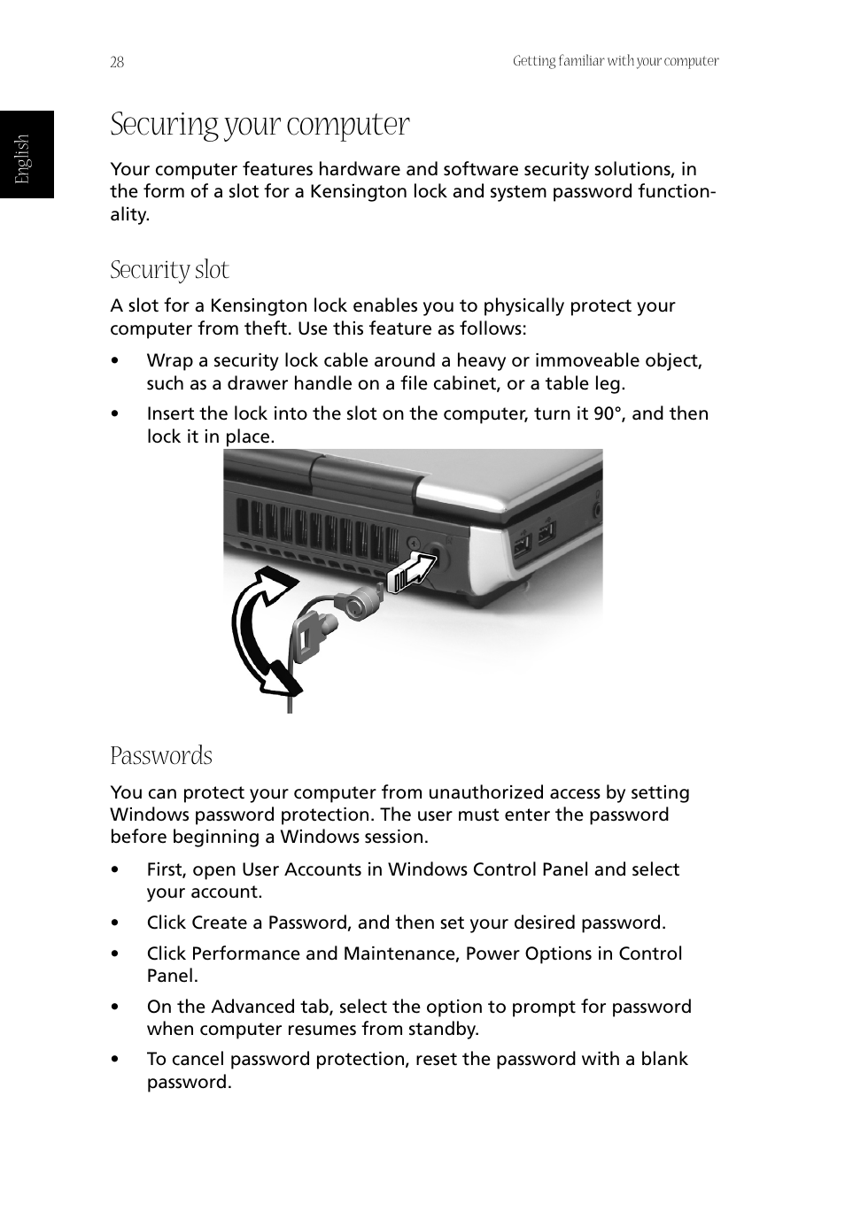 Securing your computer, Security slot, Passwords | Acer Aspire 1800 User Manual | Page 38 / 114