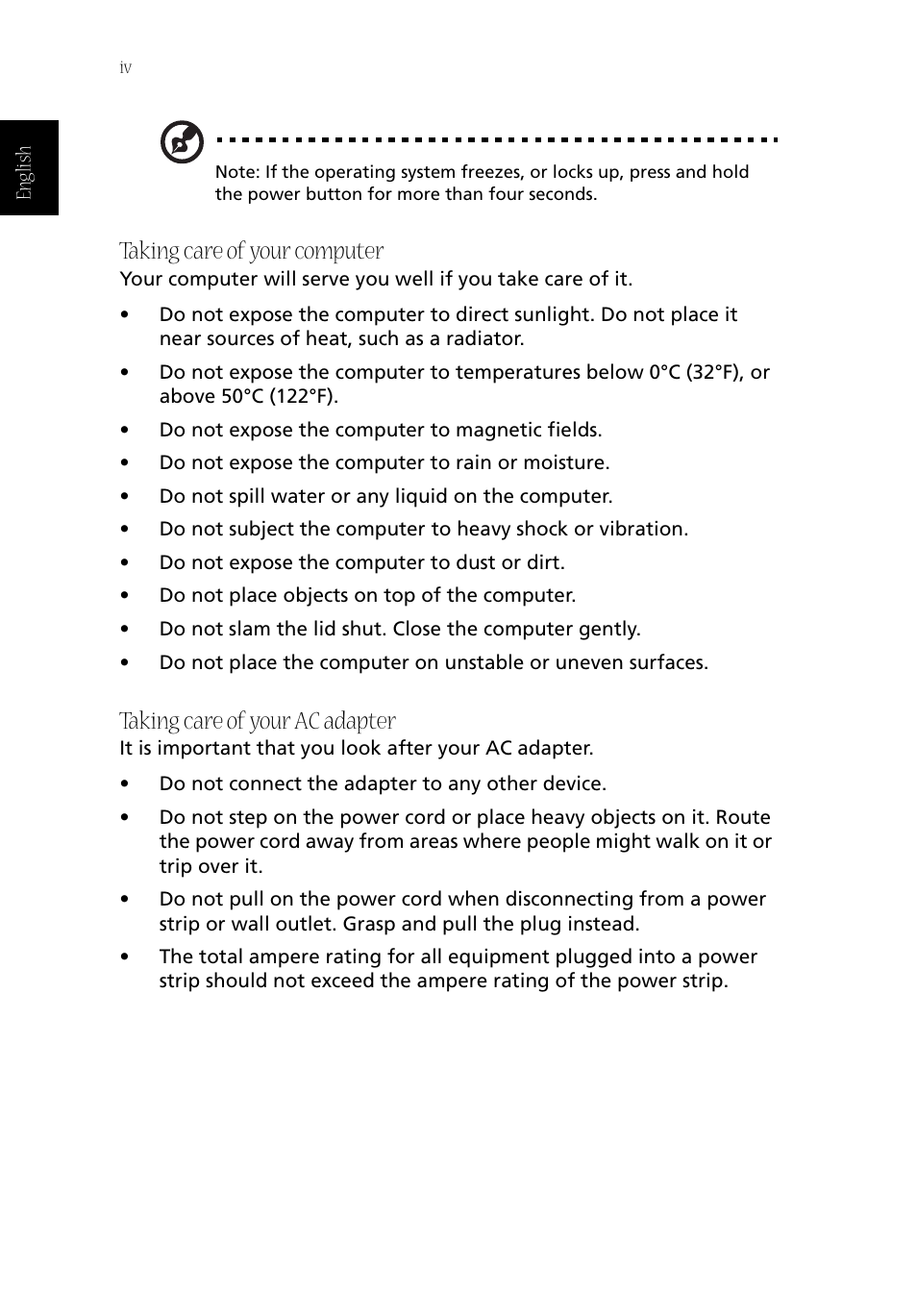 Taking care of your computer, Taking care of your ac adapter | Acer Aspire 1800 User Manual | Page 4 / 114