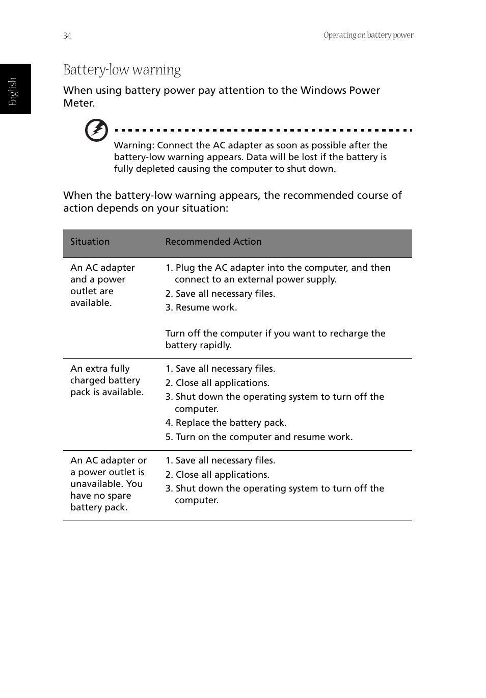 Battery-low warning | Acer Aspire 1800 User Manual | Page 44 / 114