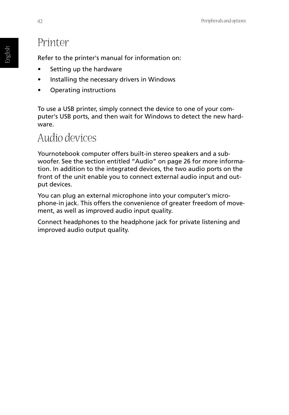 Printer, Audio devices | Acer Aspire 1800 User Manual | Page 52 / 114