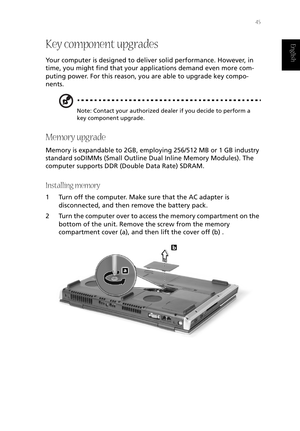 Key component upgrades, Memory upgrade, Installing memory | Acer Aspire 1800 User Manual | Page 55 / 114