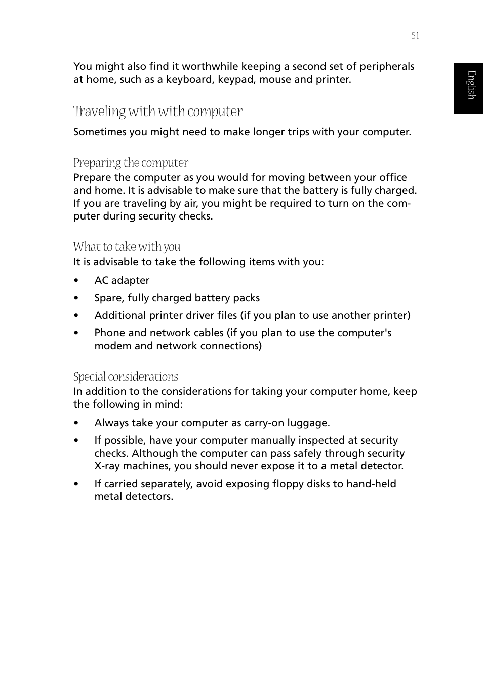 Traveling with with computer, Preparing the computer, What to take with you | Special considerations | Acer Aspire 1800 User Manual | Page 61 / 114