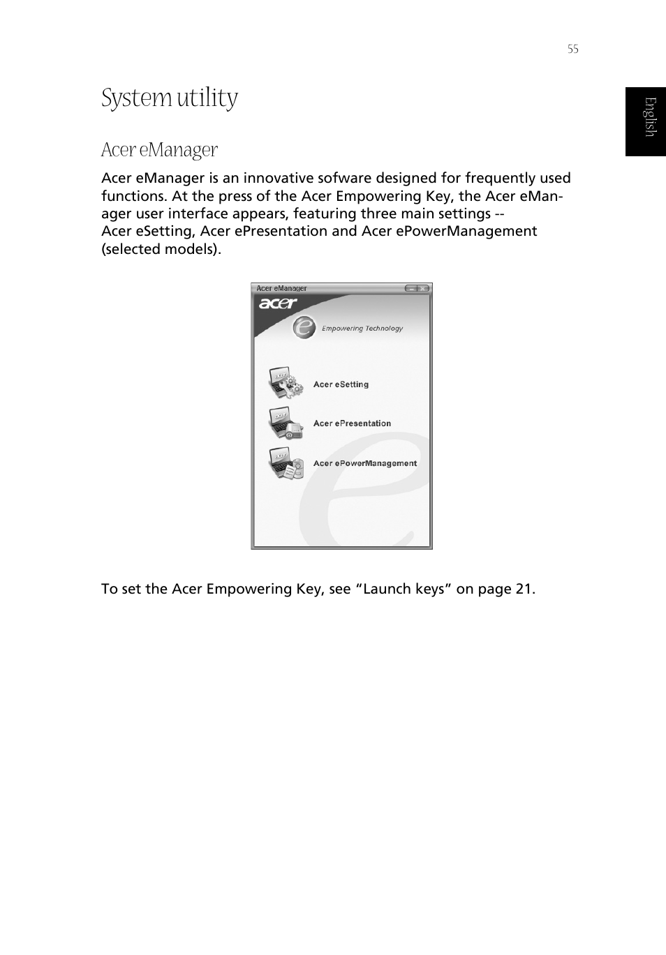 System utility, Acer emanager | Acer Aspire 1800 User Manual | Page 65 / 114
