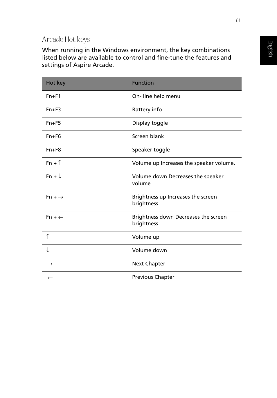 Arcade hot keys | Acer Aspire 1800 User Manual | Page 71 / 114