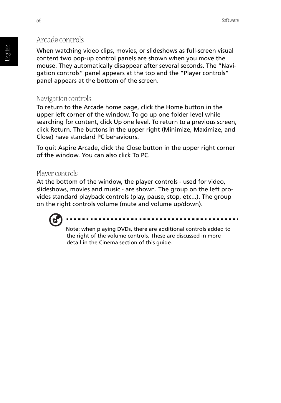 Arcade controls, Navigation controls, Player controls | Acer Aspire 1800 User Manual | Page 76 / 114