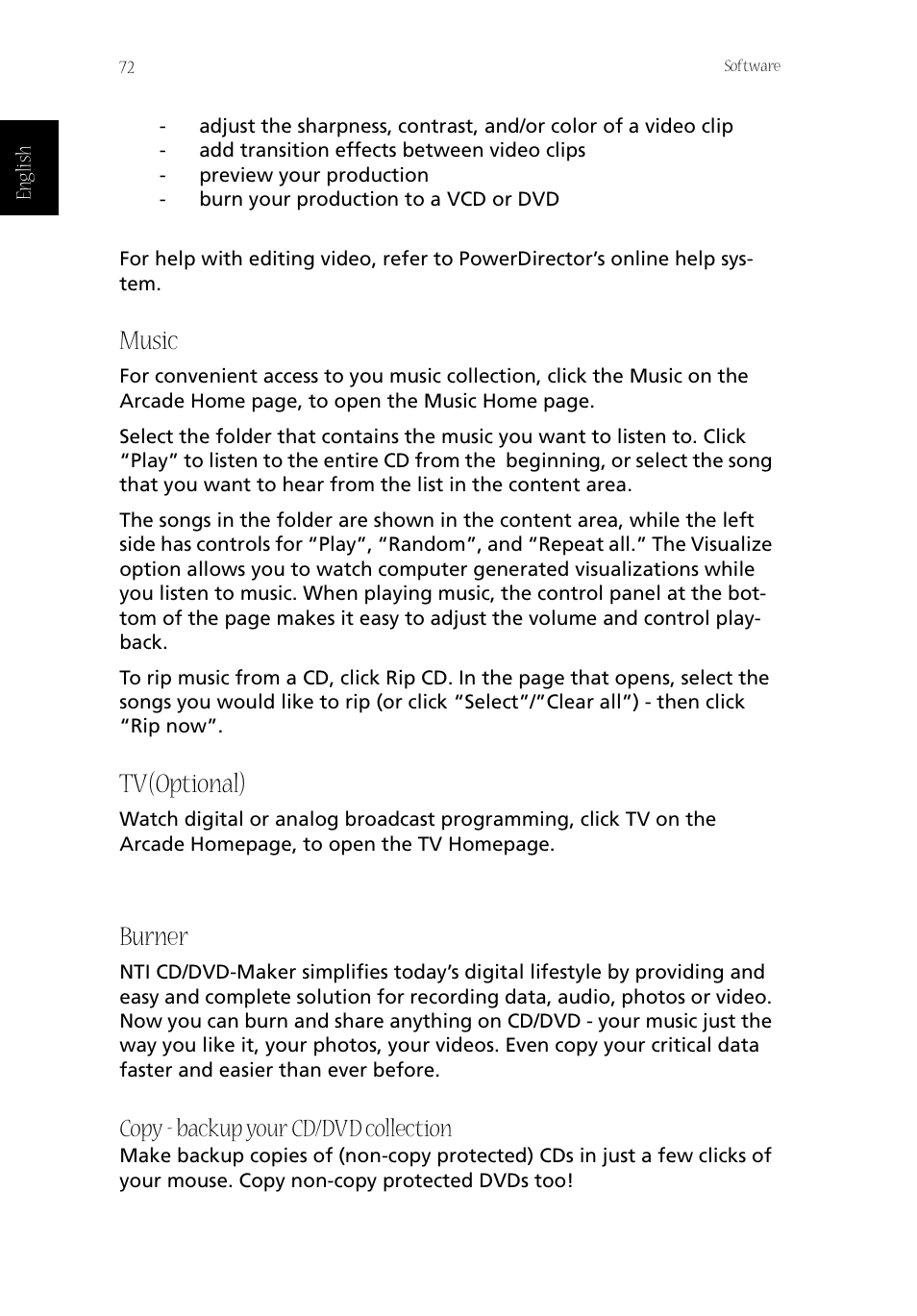 Music, Tv(optional), Burner | Copy - backup your cd/dvd collection | Acer Aspire 1800 User Manual | Page 82 / 114
