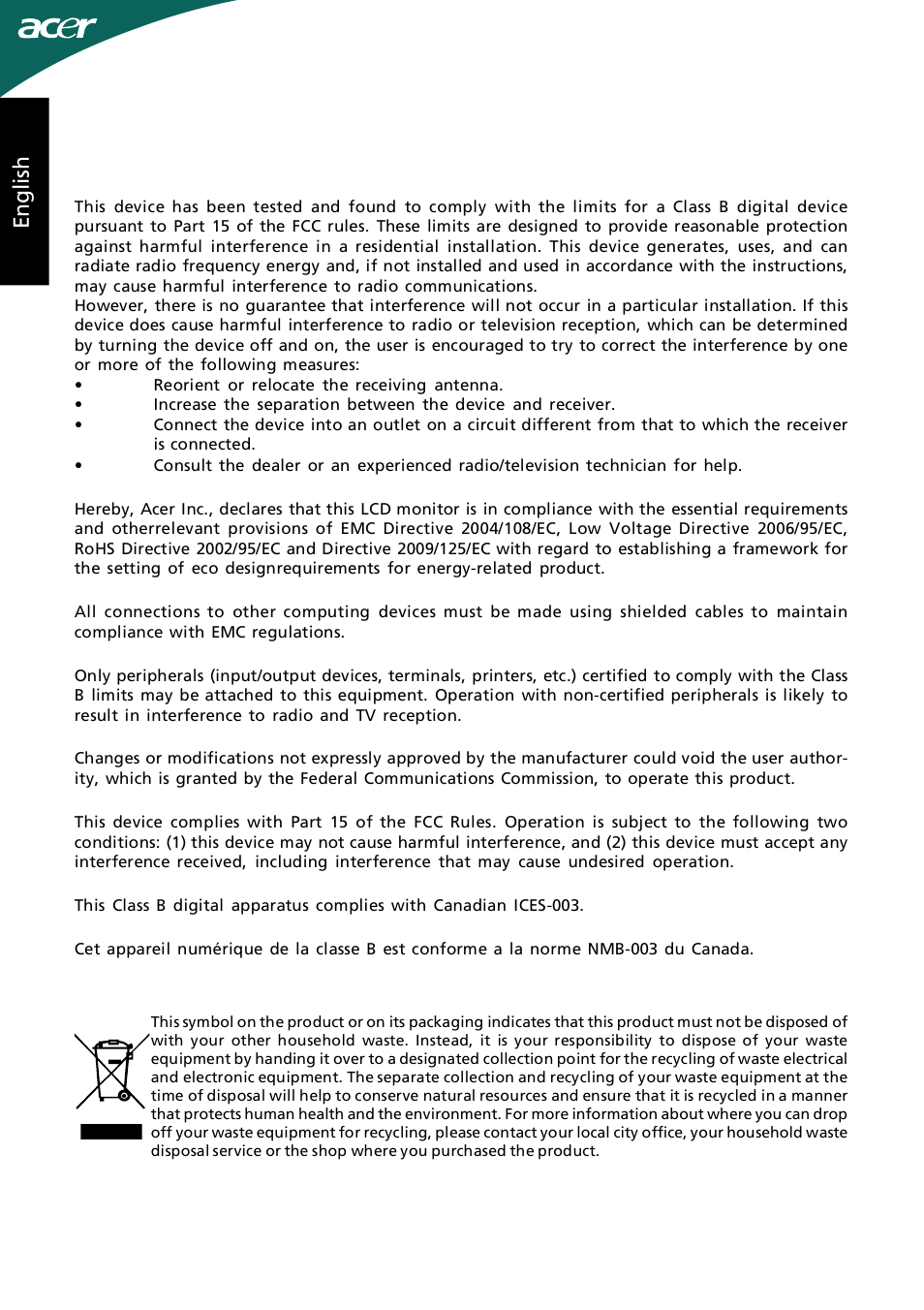 En g lish, Regulations and safety notices | Acer H274HL User Manual | Page 2 / 2