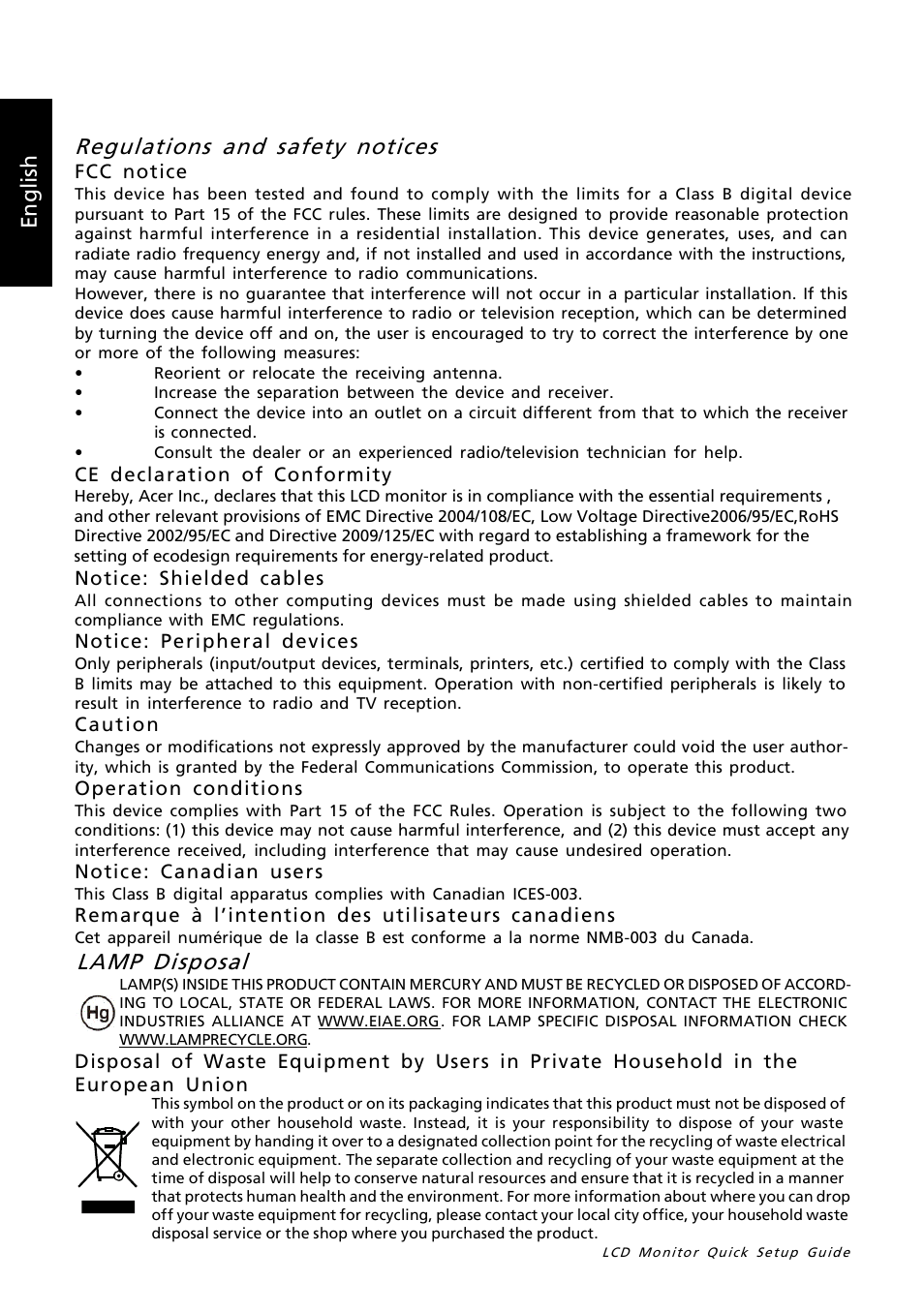 Lamp disposal, Regulations and safety notices, En gl is h | Eng lish | Acer V273H User Manual | Page 2 / 2