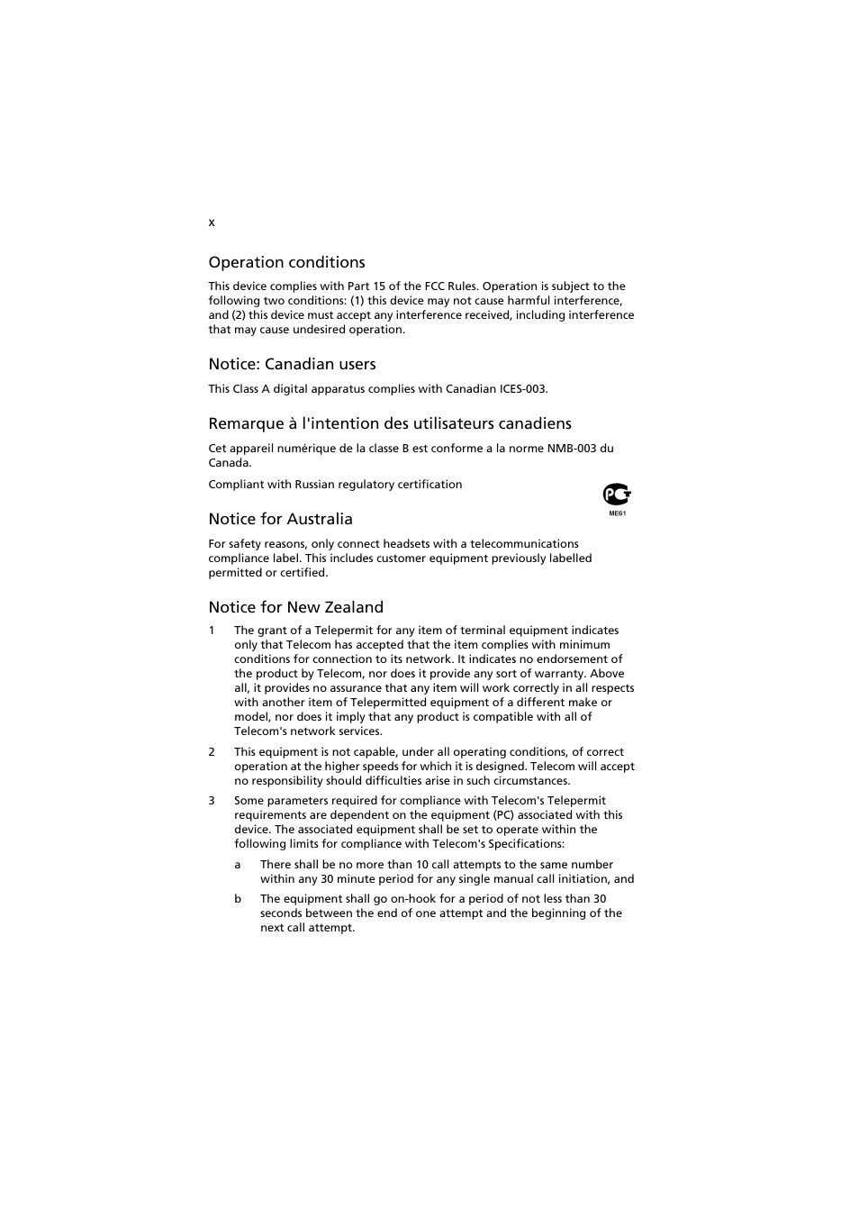Operation conditions, Notice: canadian users, Remarque à l'intention des utilisateurs canadiens | Notice for australia, Notice for new zealand | Acer AR160 F1 User Manual | Page 10 / 162