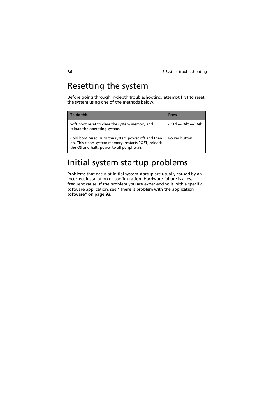 Resetting the system, Initial system startup problems | Acer AR160 F1 User Manual | Page 102 / 162