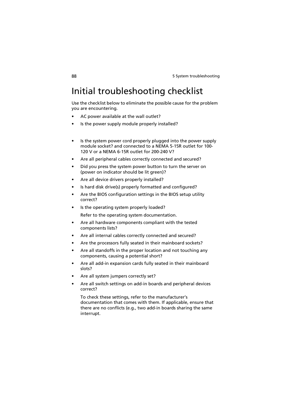 Initial troubleshooting checklist | Acer AR160 F1 User Manual | Page 104 / 162