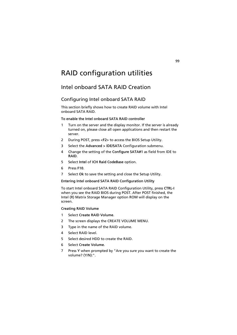 Raid configuration utilities, Intel onboard sata raid creation, Configuring intel onboard sata raid | Acer AR160 F1 User Manual | Page 115 / 162