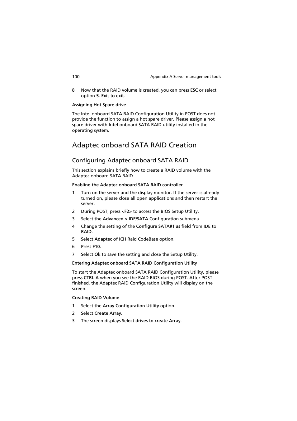 Adaptec onboard sata raid creation, Configuring adaptec onboard sata raid | Acer AR160 F1 User Manual | Page 116 / 162