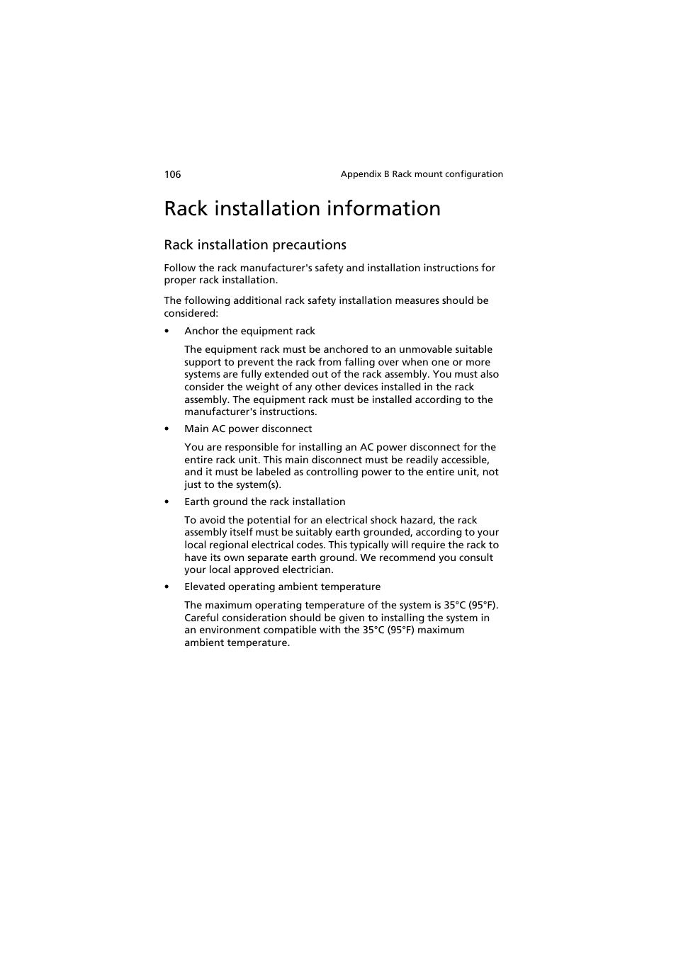 Rack installation information, Rack installation precautions | Acer AR160 F1 User Manual | Page 122 / 162