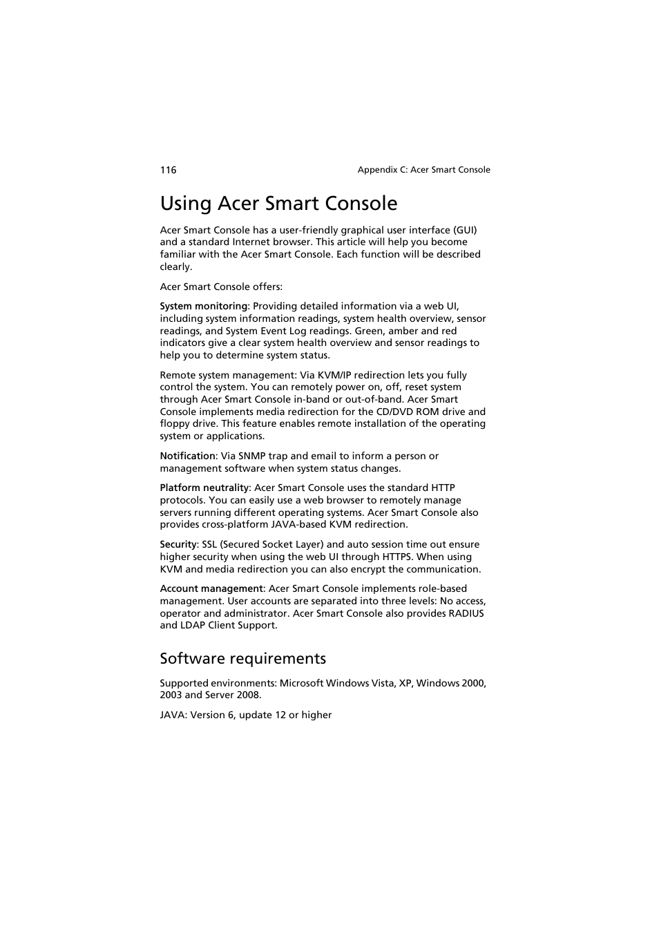 Using acer smart console, Software requirements | Acer AR160 F1 User Manual | Page 132 / 162