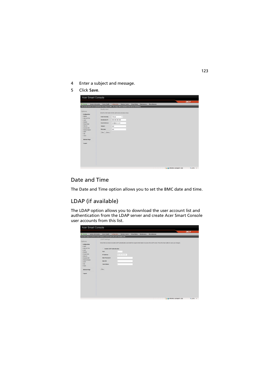 Date and time, Ldap (if available) | Acer AR160 F1 User Manual | Page 139 / 162