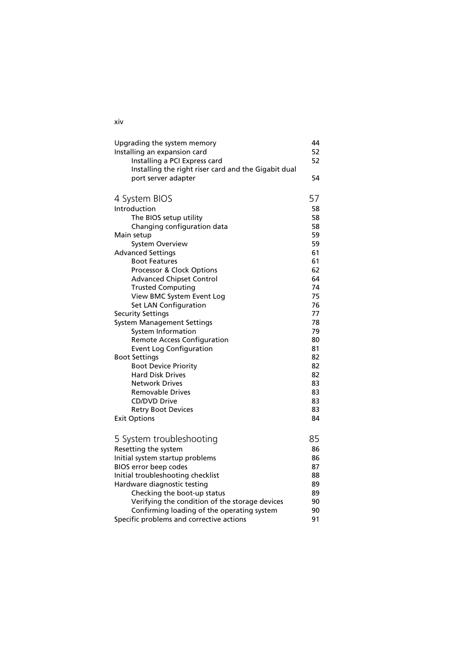 4 system bios 57, 5 system troubleshooting 85 | Acer AR160 F1 User Manual | Page 14 / 162