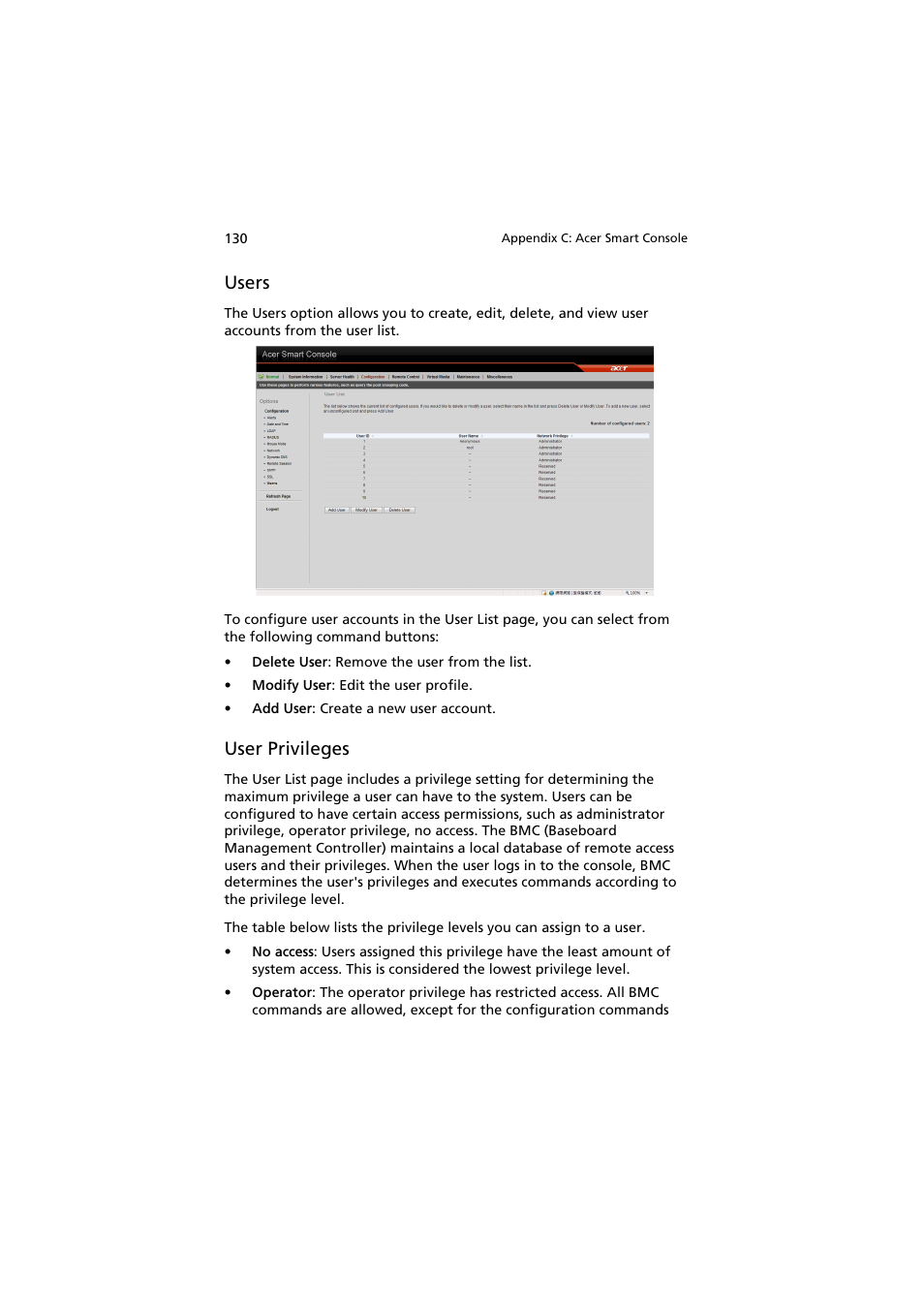 Users, User privileges | Acer AR160 F1 User Manual | Page 146 / 162