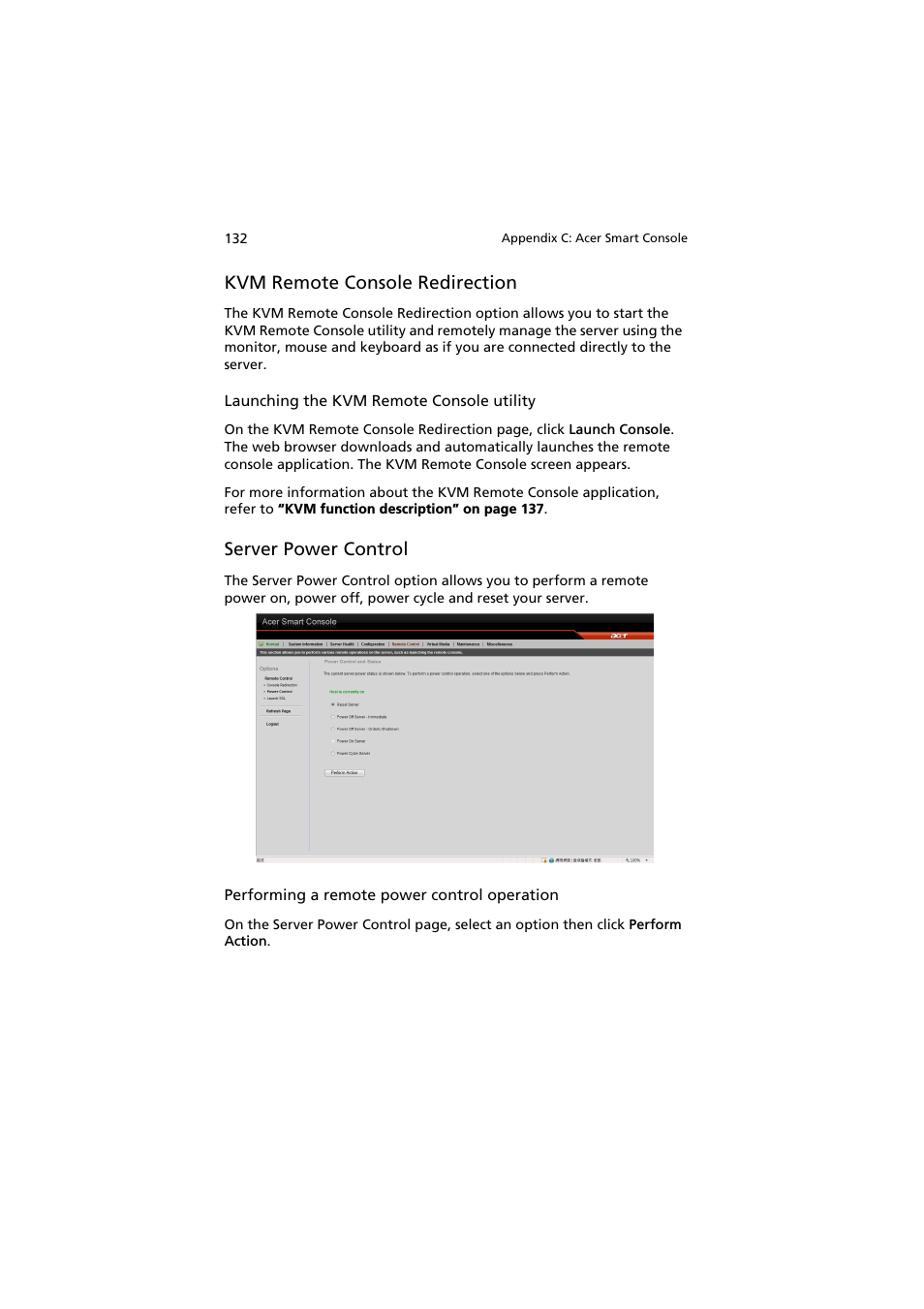 Kvm remote console redirection, Server power control | Acer AR160 F1 User Manual | Page 148 / 162