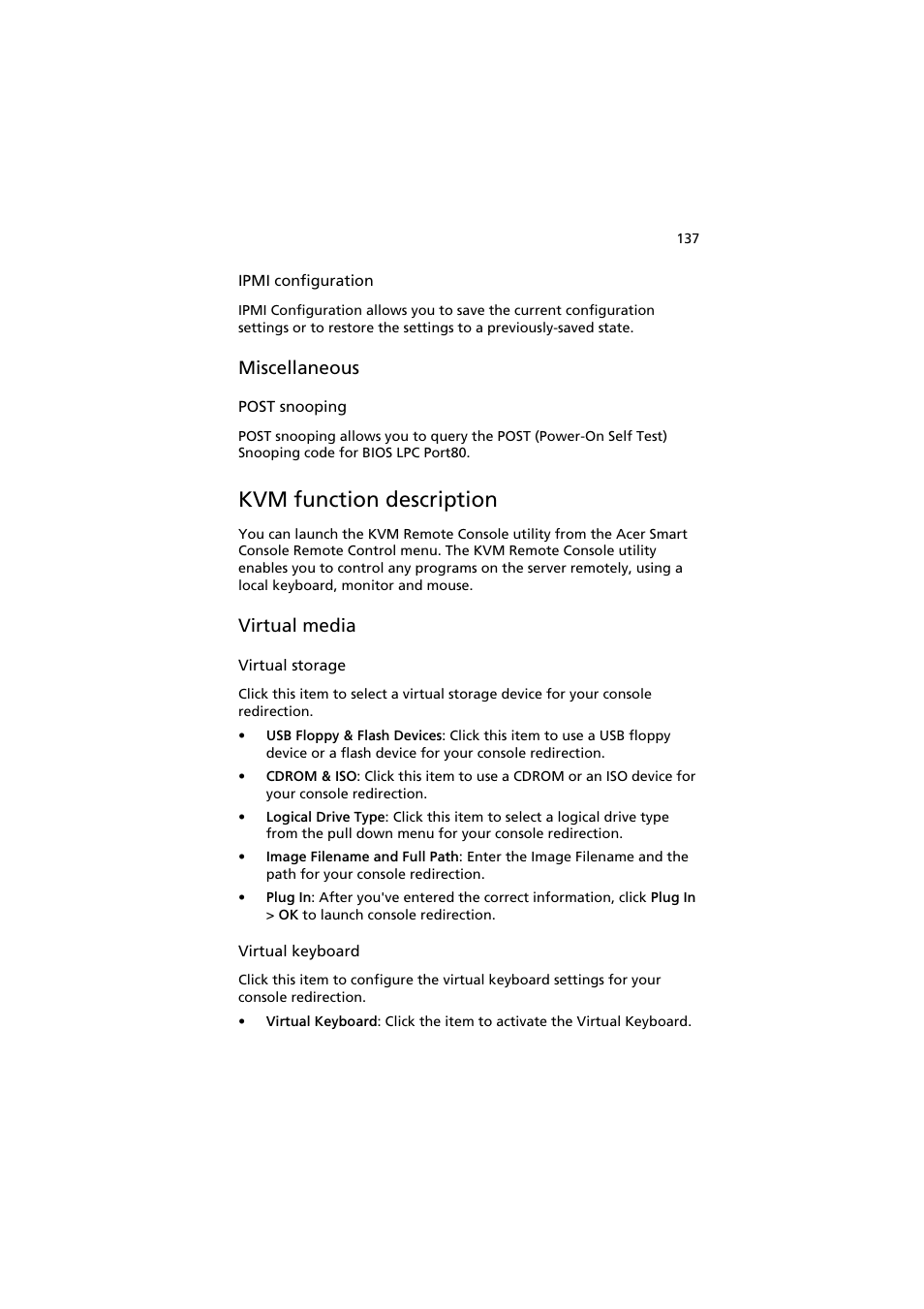 Kvm function description, Miscellaneous, Virtual media | Acer AR160 F1 User Manual | Page 153 / 162