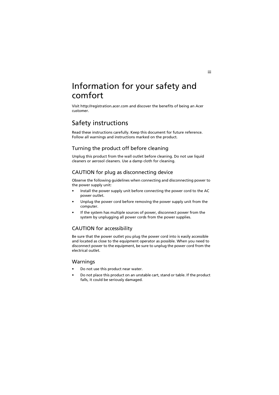 Information for your safety and comfort, Safety instructions | Acer AR160 F1 User Manual | Page 3 / 162