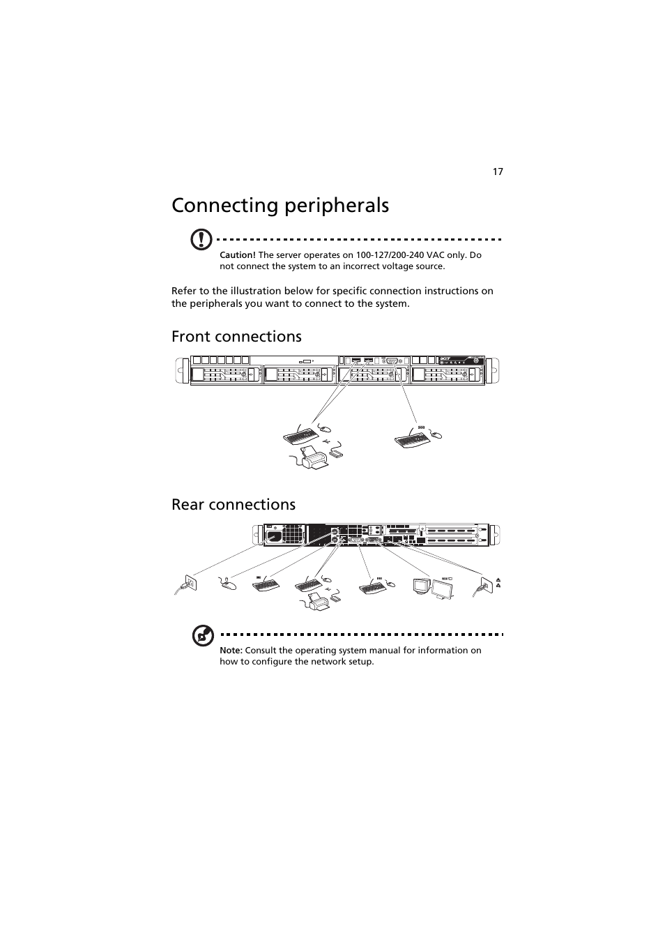 Connecting peripherals, Front connections, Rear connections | Front connections rear connections | Acer AR160 F1 User Manual | Page 33 / 162