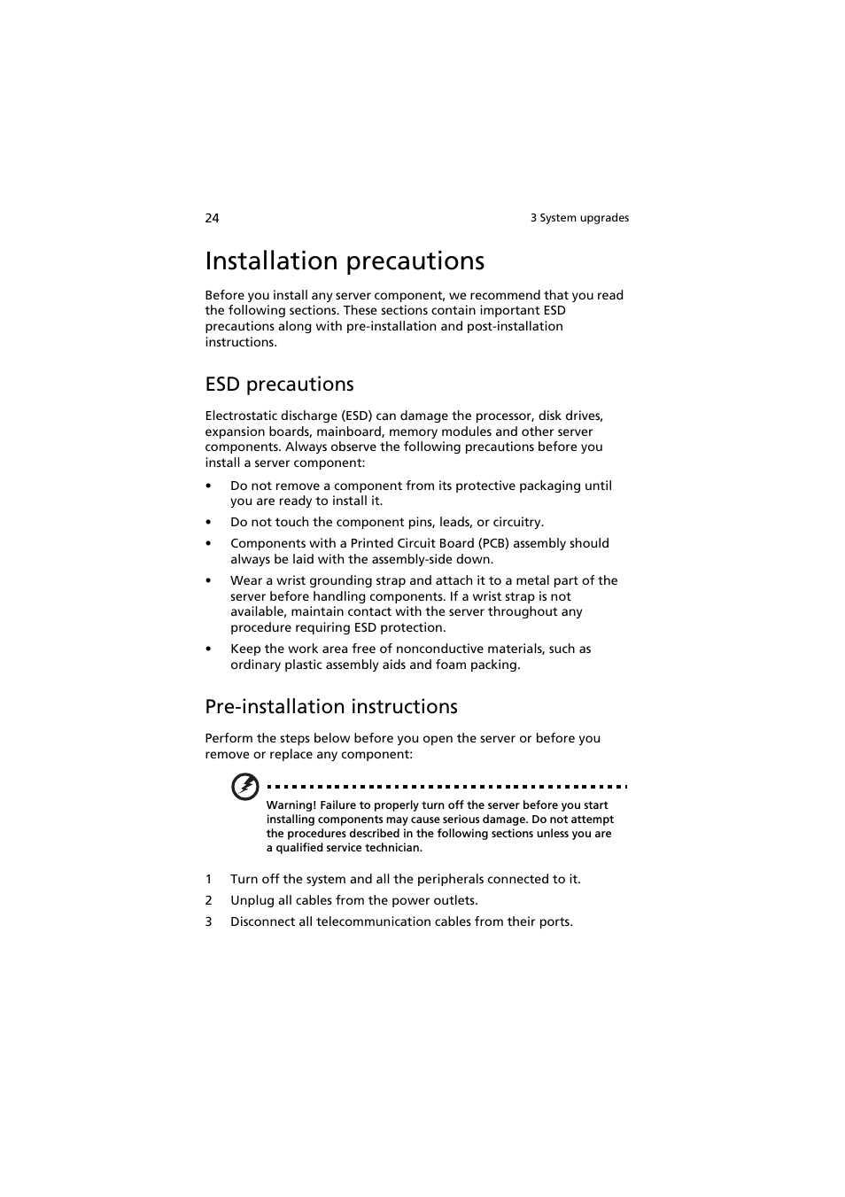 Installation precautions, Esd precautions, Pre-installation instructions | Acer AR160 F1 User Manual | Page 40 / 162