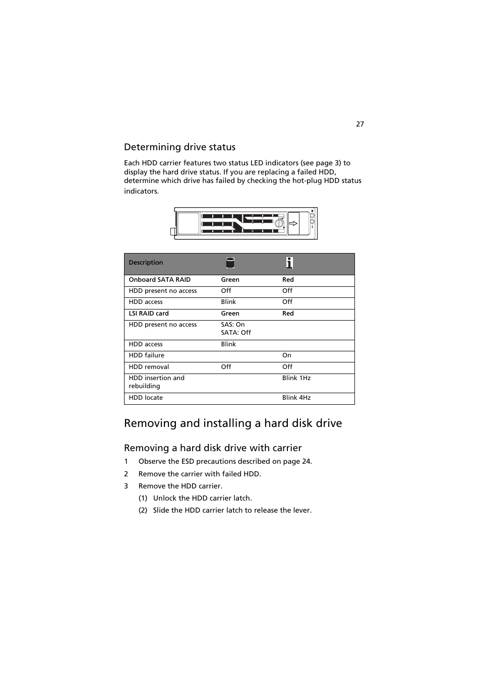 Removing and installing a hard disk drive, Determining drive status, Removing a hard disk drive with carrier | Acer AR160 F1 User Manual | Page 43 / 162