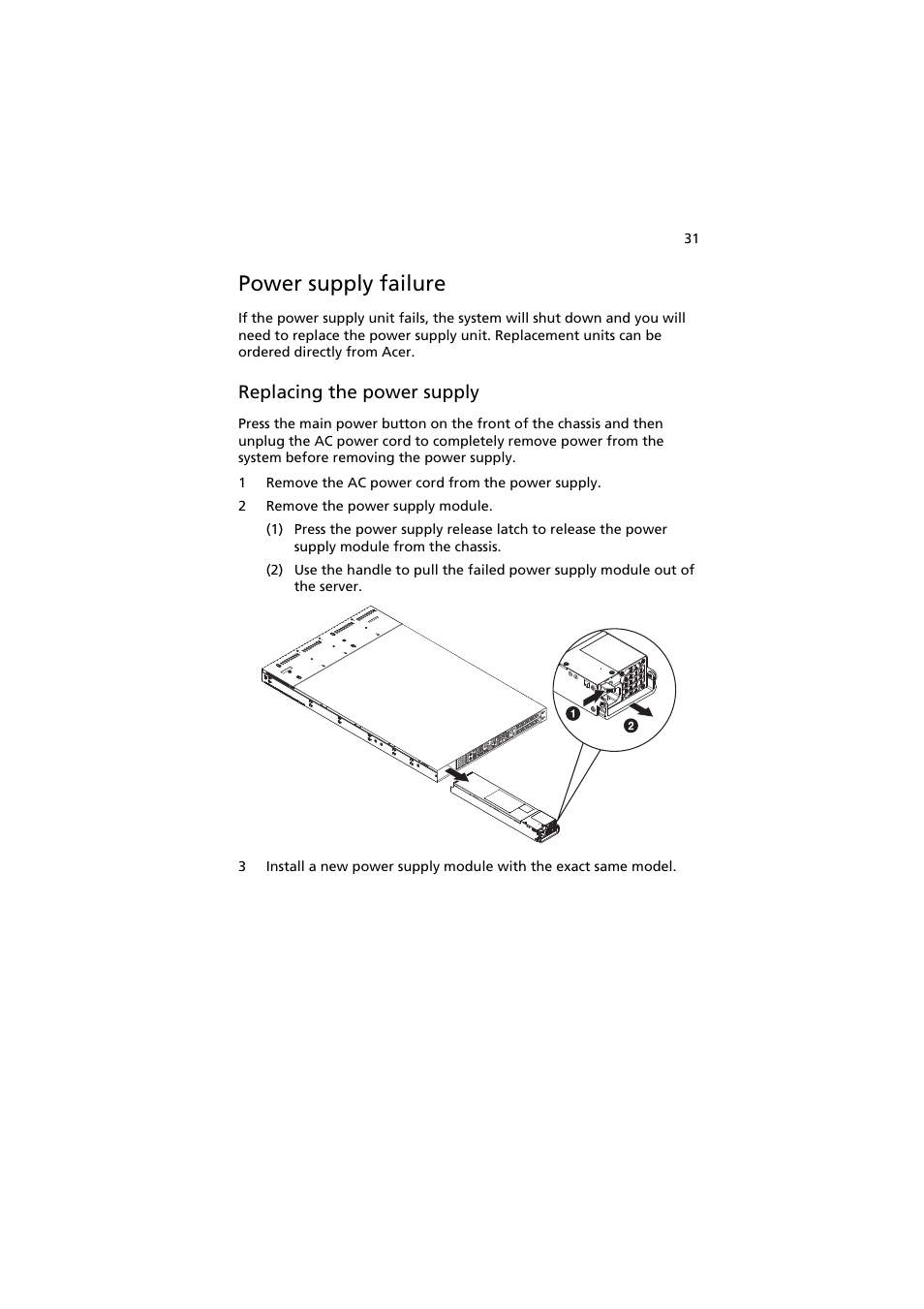 Power supply failure, Replacing the power supply | Acer AR160 F1 User Manual | Page 47 / 162