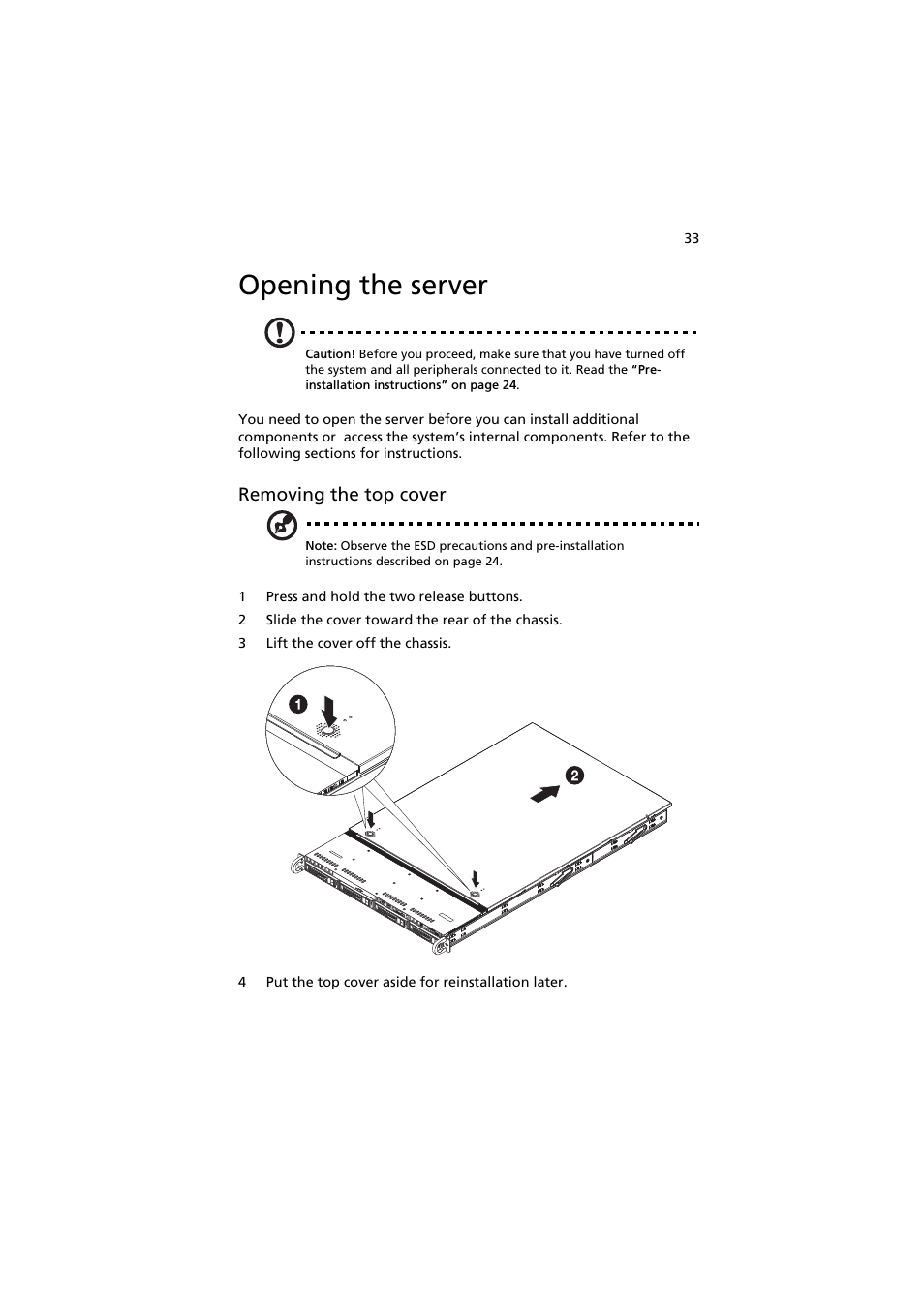 Opening the server, Removing the top cover | Acer AR160 F1 User Manual | Page 49 / 162